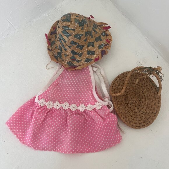 Vintage Doll Outfit Pink White Polka Dot Sundress w/ Farmer Hat & Garden Basket - Picture 2 of 5